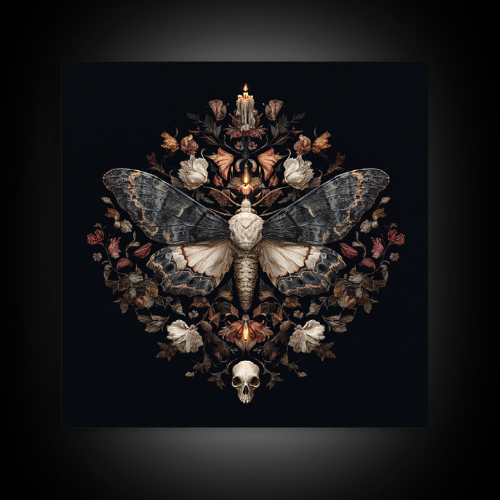 Moth and Skull Composition on Black Velvet Framed Canvas Print, Gothic Art, Gothic Wall Art, Living Room Decor, Gothic, GOT-1x1-39