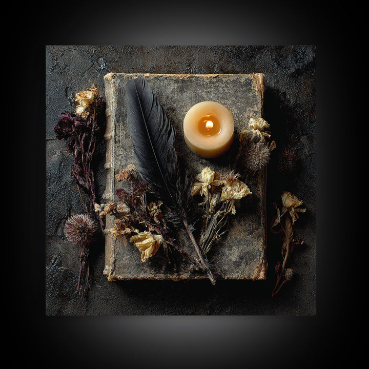 Candlelit Book and Dried Flowers Still Life Framed Canvas Print, Gothic Art, Canvas Painting, Living Room Decor, Gothic, GOT-1x1-42