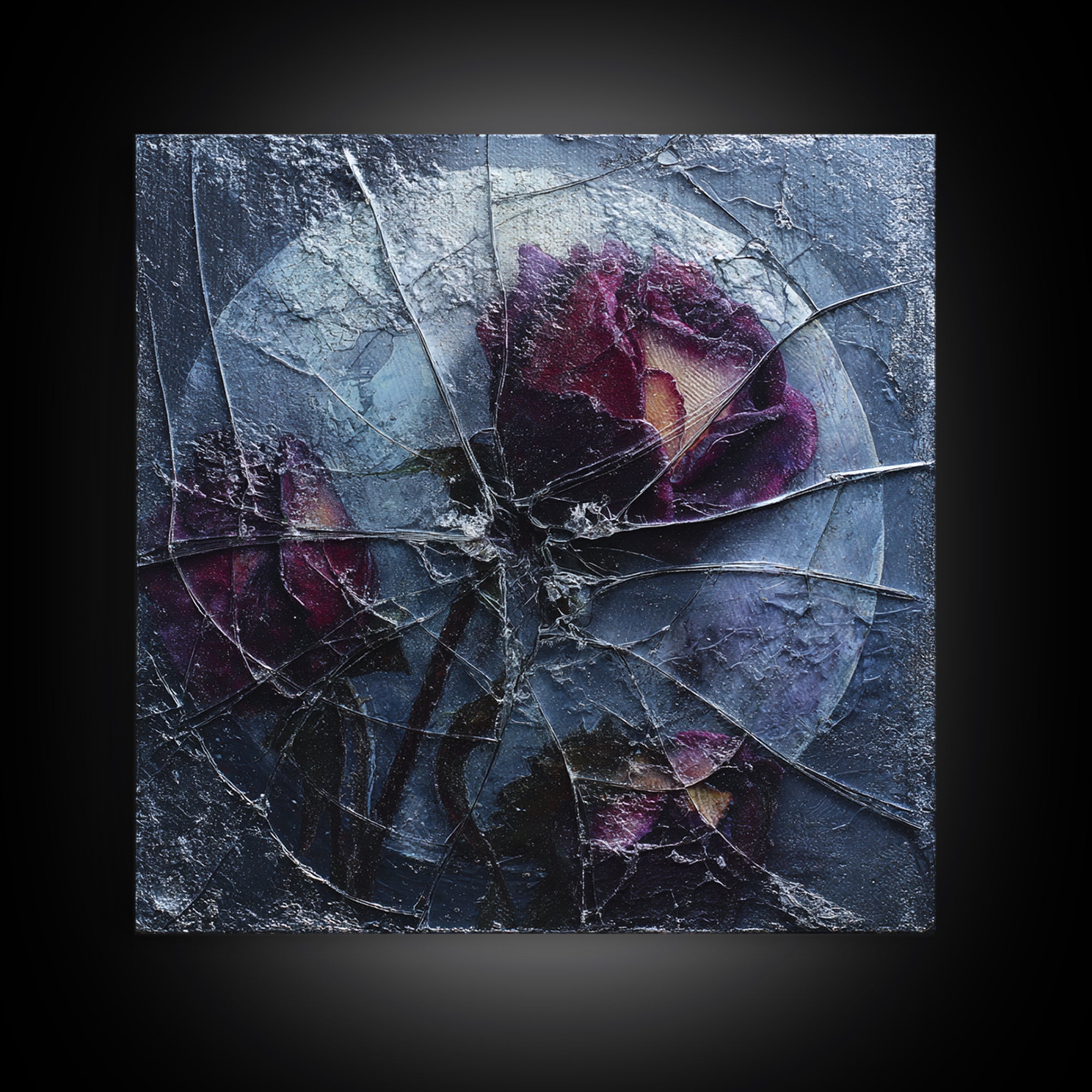 Cracked Mirror Reflecting Moon and Roses Framed Canvas Print, Gothic Art, Witchy Decor, Living Room Decor, Fine Art, Gothic, GOT-1x1-47