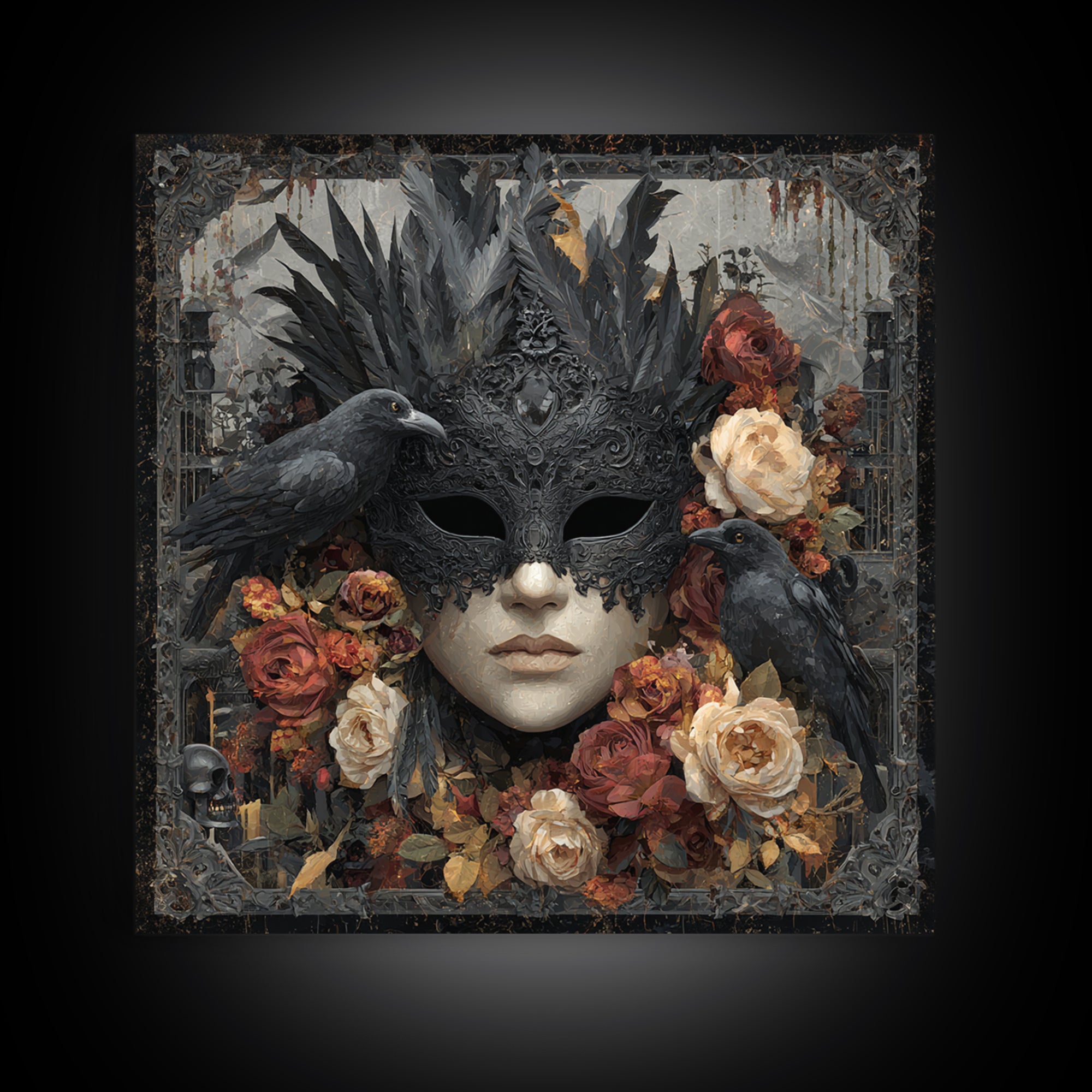 Phantom Ballroom Mask Framed Canvas Print, Gothic Art, Poster, Living Room Decor, Fine Art, Gothic, Witchy Decor, Printable Art, GOT-1x1-48