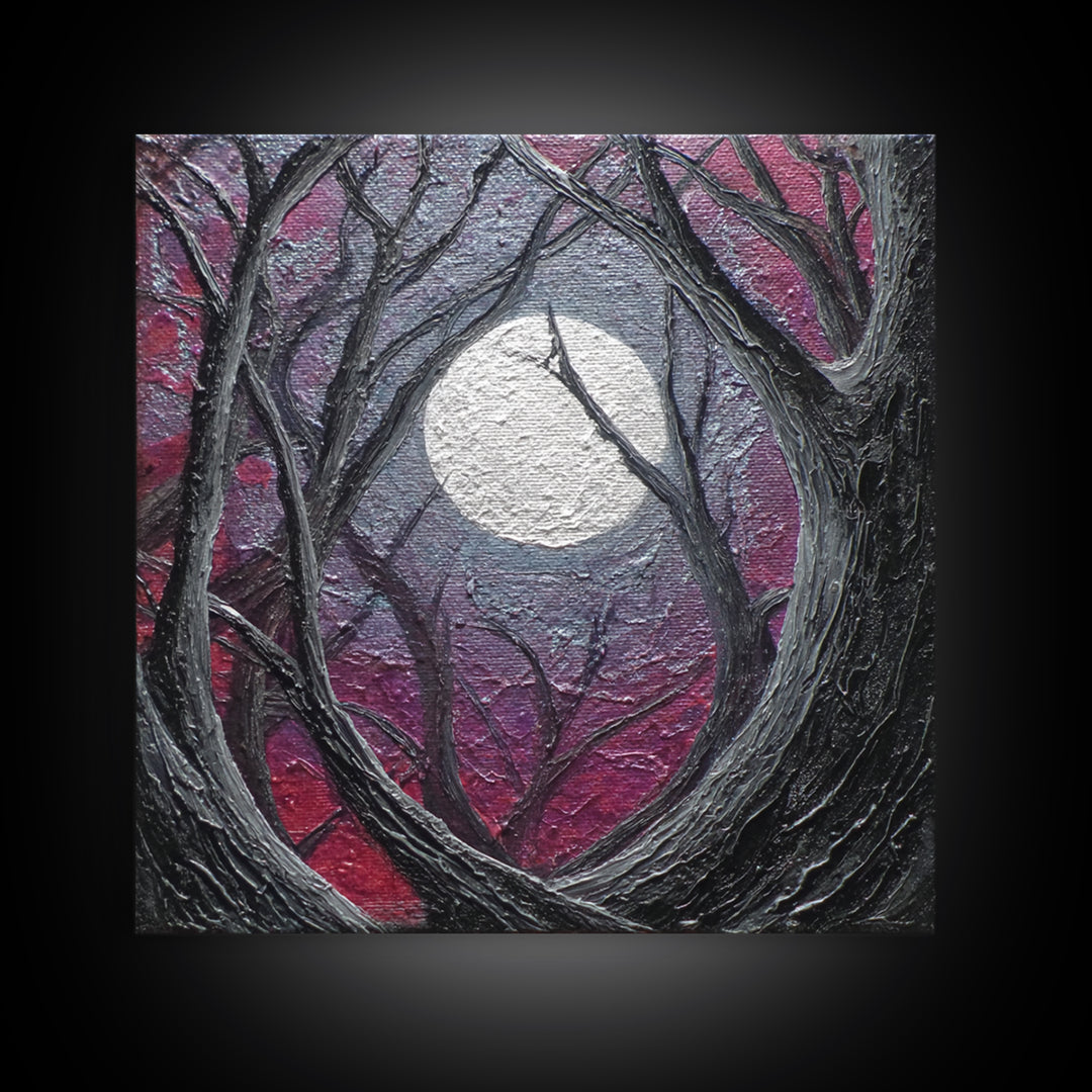 Silver Moon over Twisted Black Trees Framed Canvas Print, Gothic Art, Fine Art Print, Living Room Decor, Abstract Art, Gothic, GOT-1x1-57