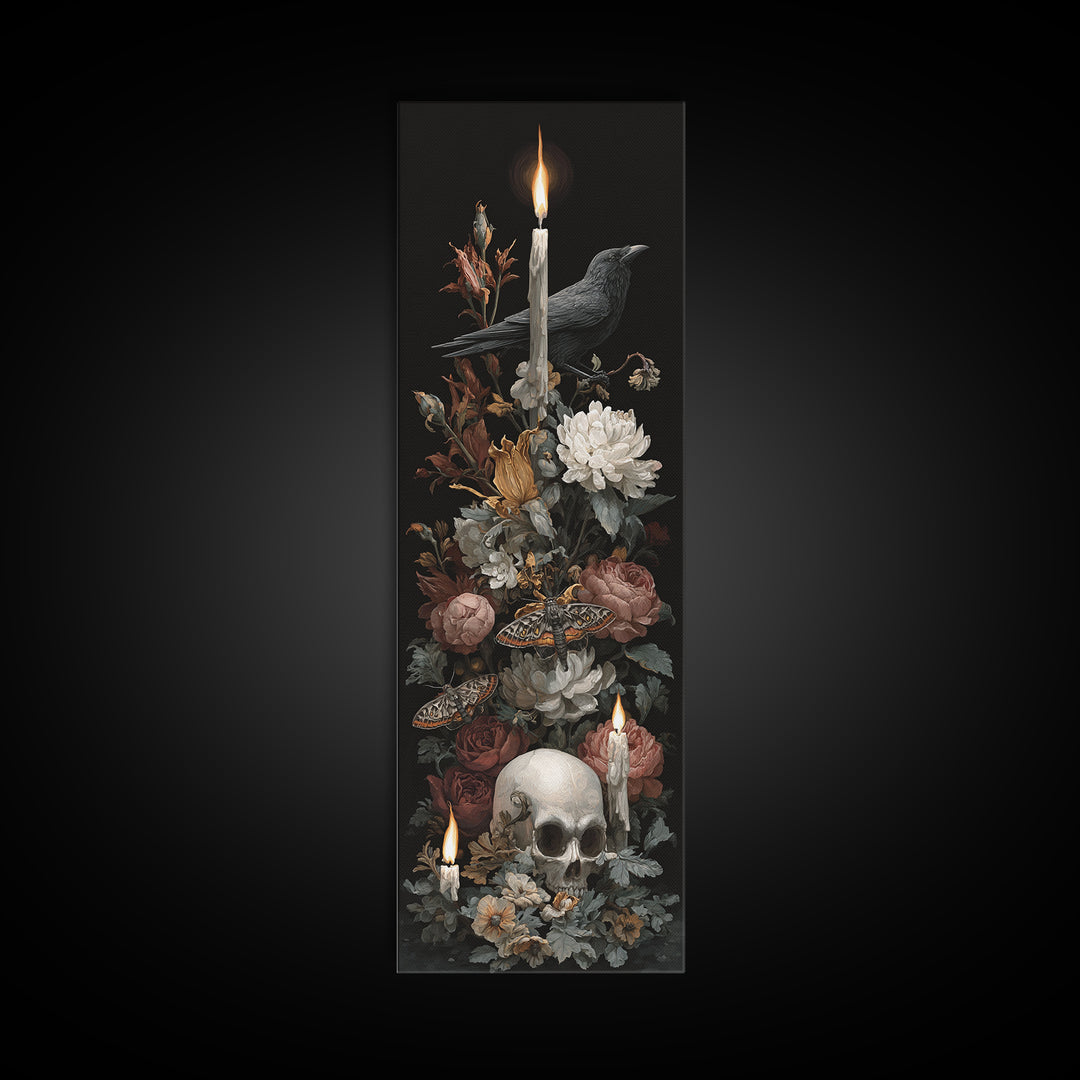 Moth and Skull Composition on Black Velvet Canvas Print, Gothic Art, Art Prints, Living Room Decor, Oil Painting, Gothic, GOT-1x3-27