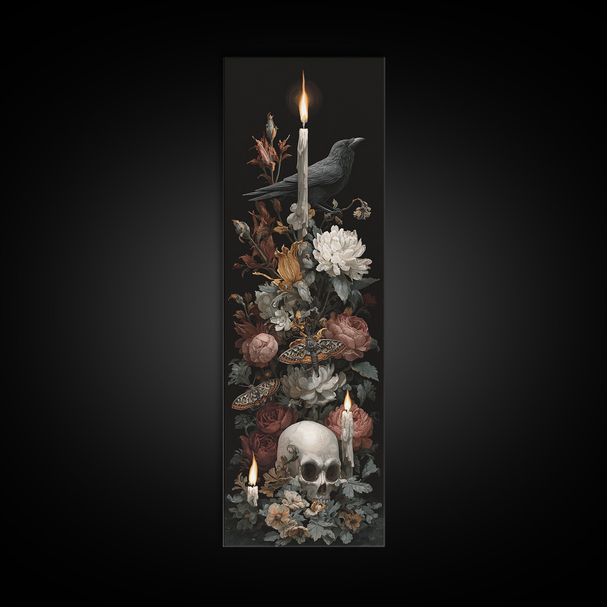 Moth and Skull Composition on Black Velvet Canvas Print, Gothic Art, Art Prints, Living Room Decor, Oil Painting, Gothic, GOT-1x3-27
