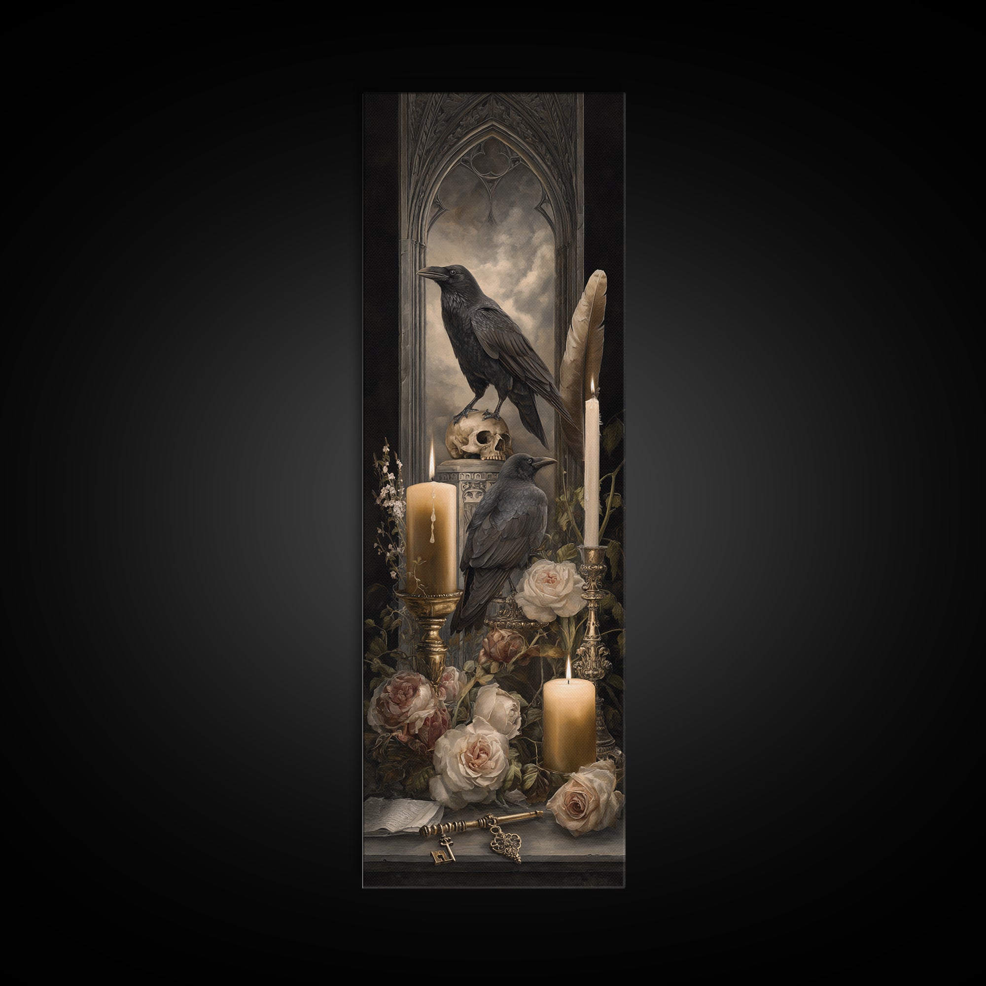 Crow Feathers and Antique Key Still Life Canvas Print, Gothic Art, Art Nouveau, Living Room Decor, Gothic, Dark Academia Art, GOT-1x3-72