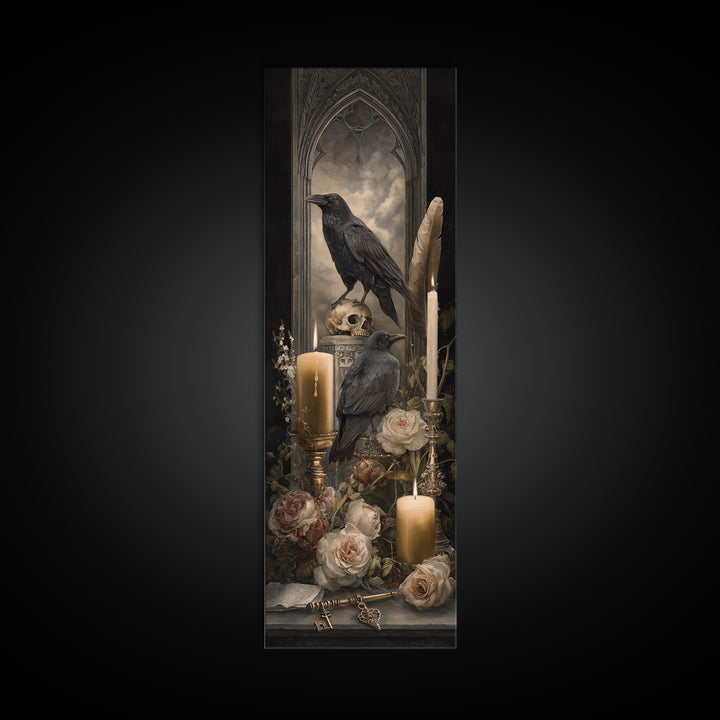 Crow Feathers and Antique Key Still Life Canvas Print, Gothic Art, Art Nouveau, Living Room Decor, Gothic, Dark Academia Art, GOT-1x3-72