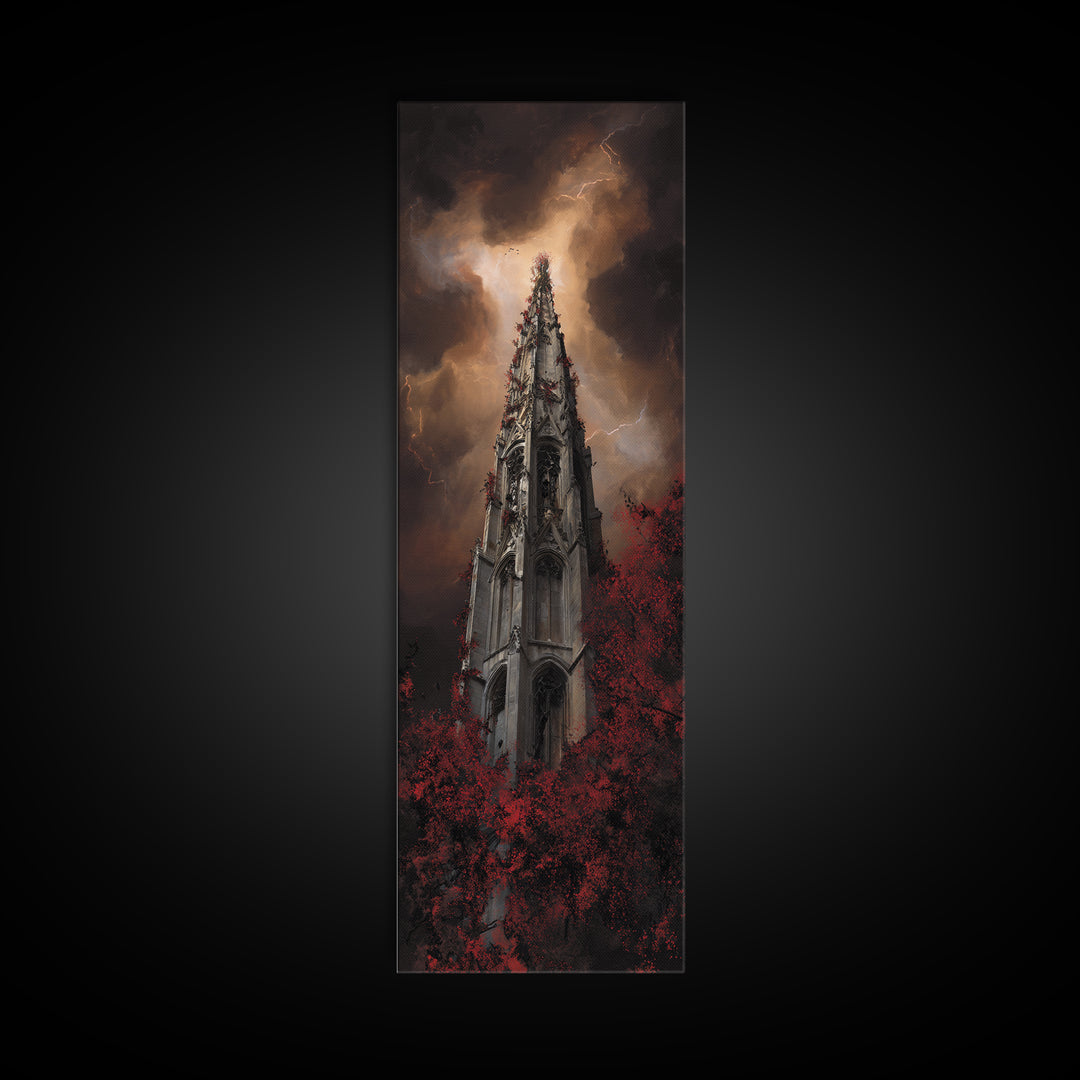 Cathedral Spire Beneath Lightning Clouds Framed Canvas Print, Gothic Art, Black and White Art, Living Room Decor, Gothic, GOT-1x3-74