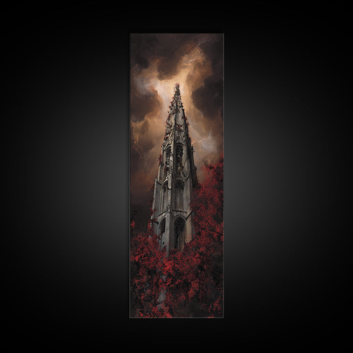 Cathedral Spire Beneath Lightning Clouds Framed Canvas Print, Gothic Art, Black and White Art, Living Room Decor, Gothic, GOT-1x3-74