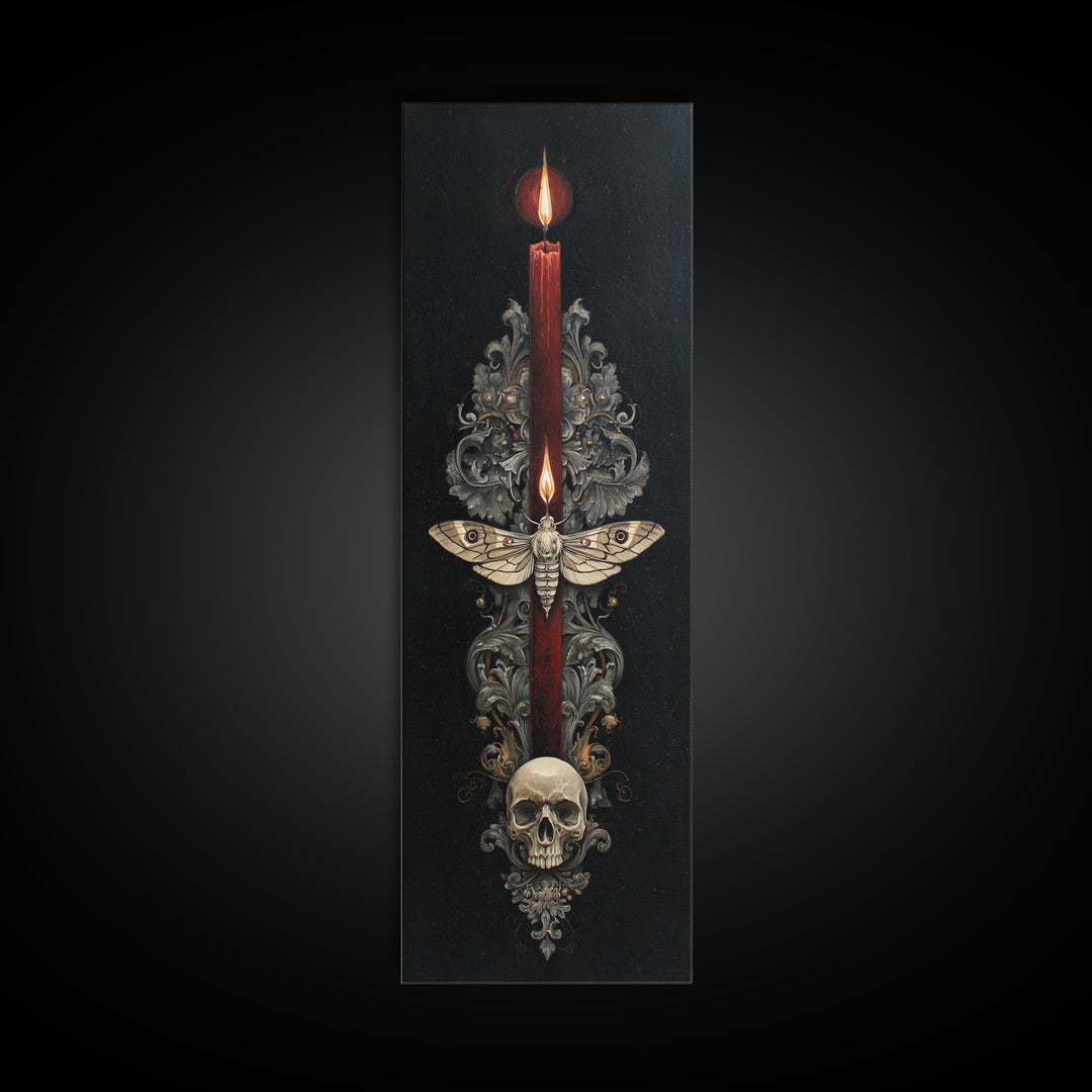 Moth and Skull Composition on Black Velvet Framed Canvas Print, Gothic Art, Living Room Decor, Fine Art, Gothic, Modern Decor, GOT-1x3-75