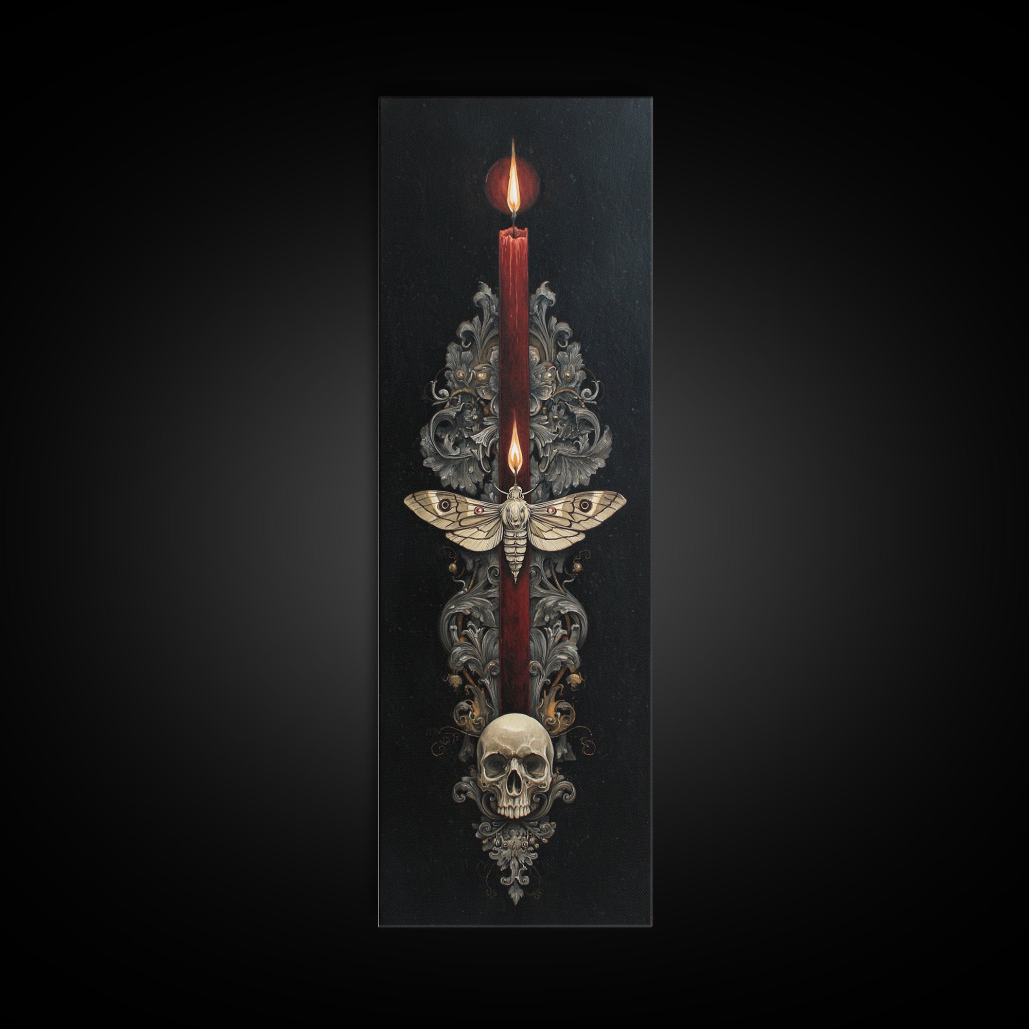 Moth and Skull Composition on Black Velvet Framed Canvas Print, Gothic Art, Living Room Decor, Fine Art, Gothic, Modern Decor, GOT-1x3-75
