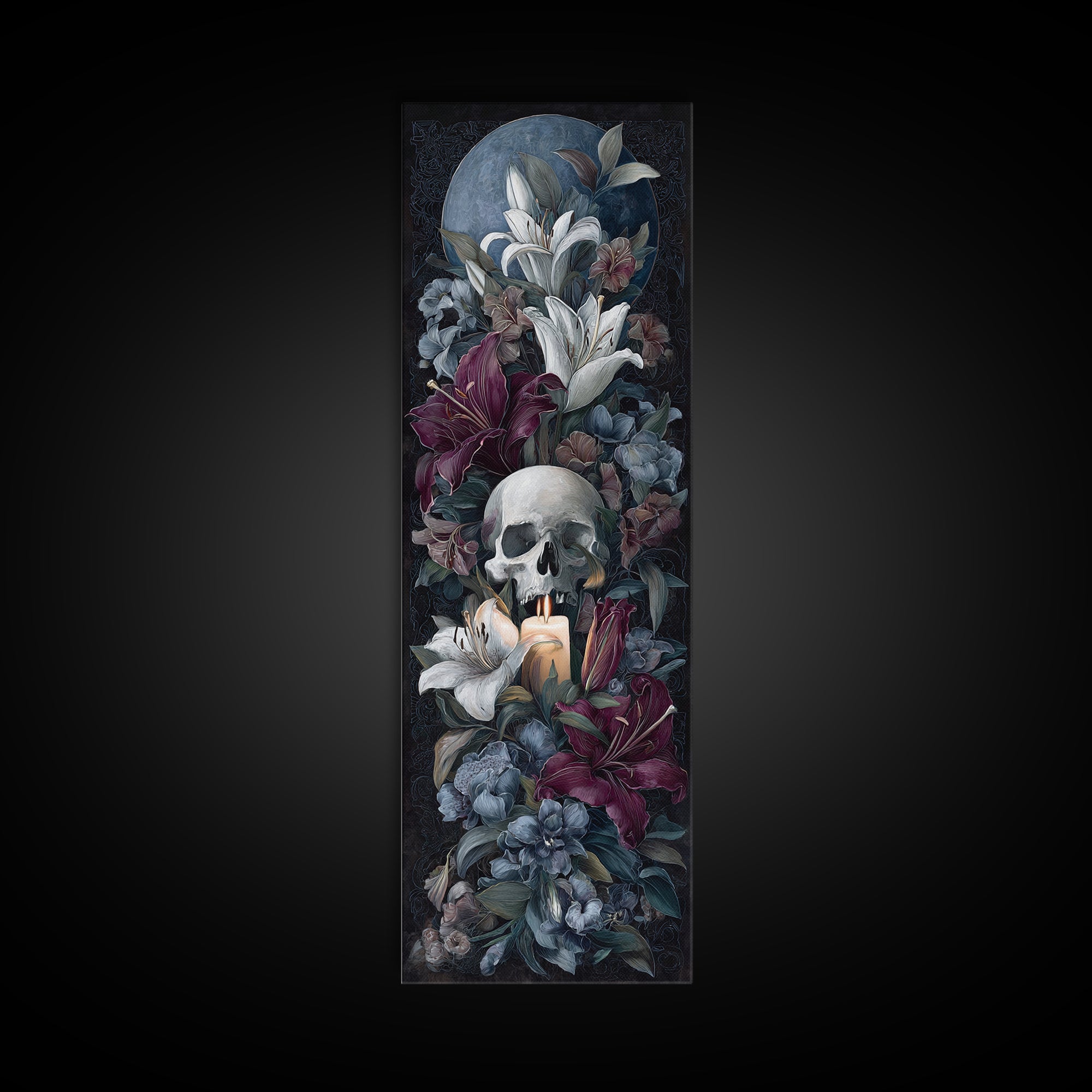 Skull Surrounded by Lilies and Candles Canvas Print, Gothic Art, Halloween Art, Living Room Decor, Gothic, Neutral Decor, GOT-1x3-89