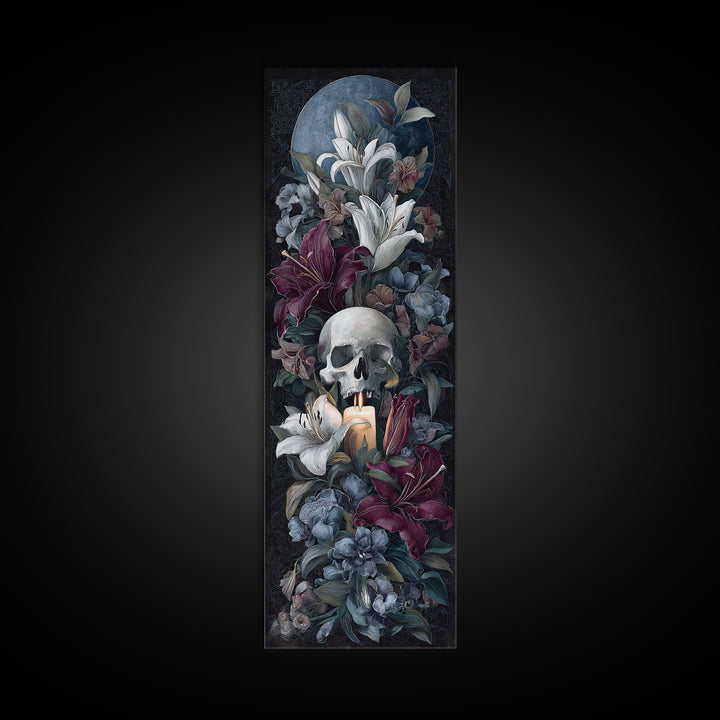Skull Surrounded by Lilies and Candles Canvas Print, Gothic Art, Halloween Art, Living Room Decor, Gothic, Neutral Decor, GOT-1x3-89