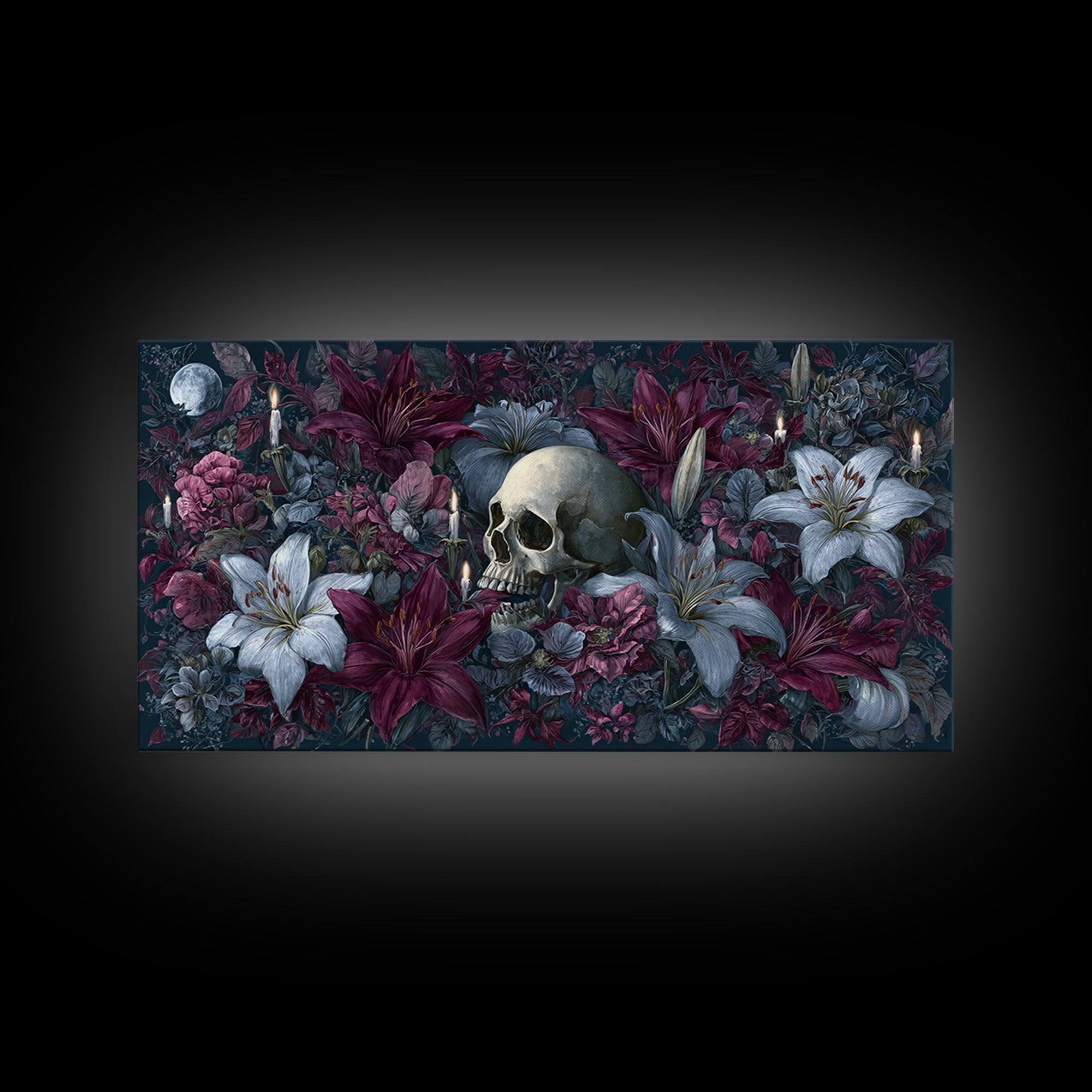 Skull Surrounded by Lilies and Candles Framed Canvas Print, Gothic Art, Home Decor, Living Room Decor, Fine Art, Gothic, GOT-2x1-1