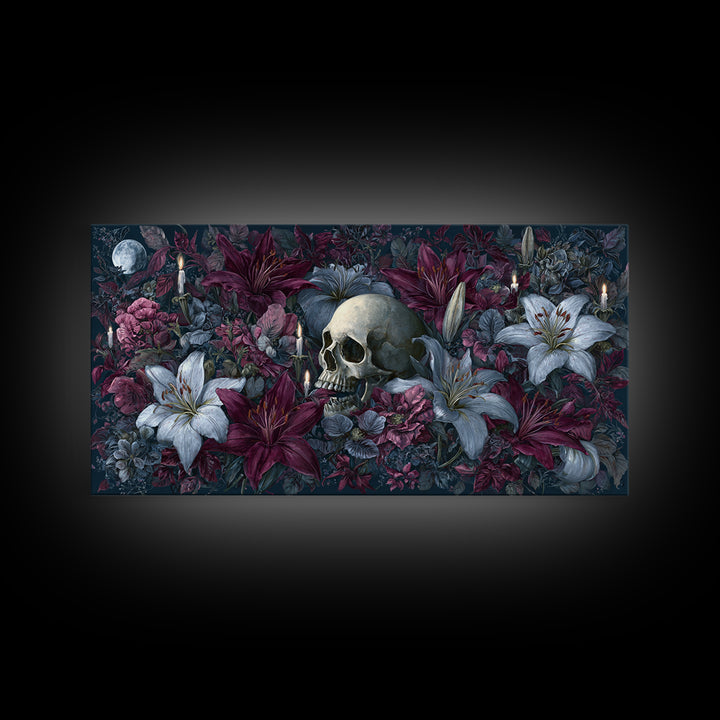 Skull Surrounded by Lilies and Candles Framed Canvas Print, Gothic Art, Home Decor, Living Room Decor, Fine Art, Gothic, GOT-2x1-1