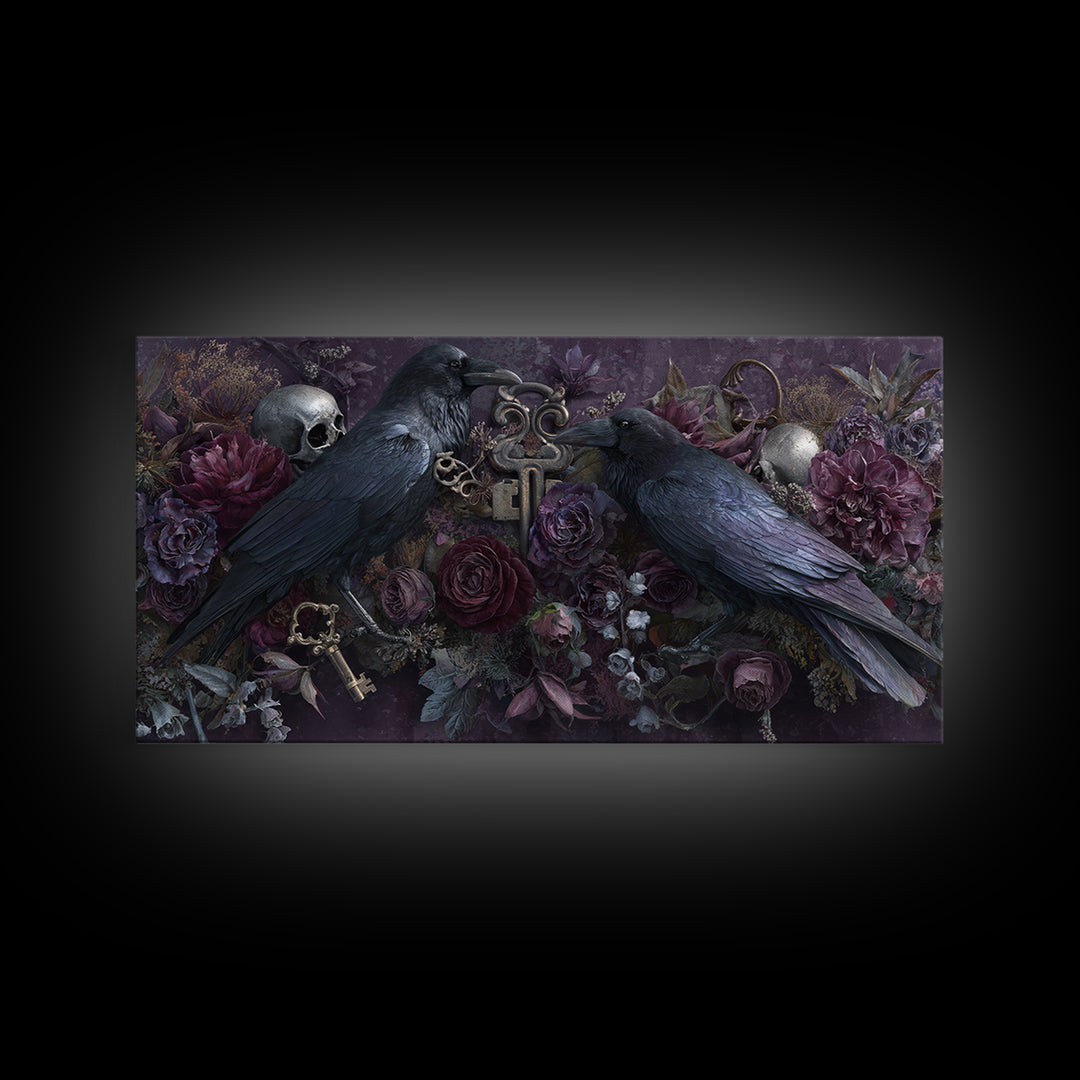 Crow Feathers and Antique Key Still Life Canvas Print, Gothic Art, Contemporary Art, Living Room Decor, Oil Painting, Gothic, GOT-2x1-32