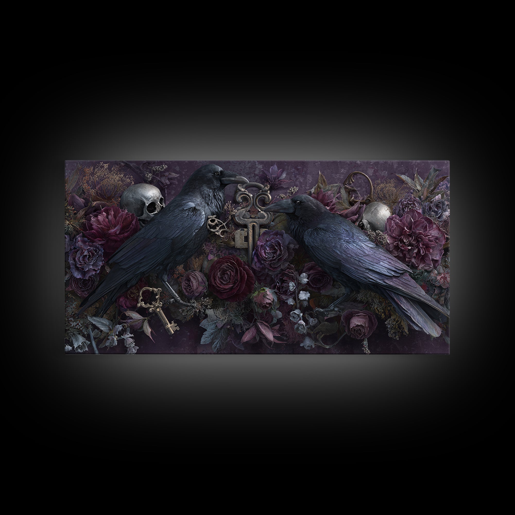 Crow Feathers and Antique Key Still Life Canvas Print, Gothic Art, Contemporary Art, Living Room Decor, Oil Painting, Gothic, GOT-2x1-32
