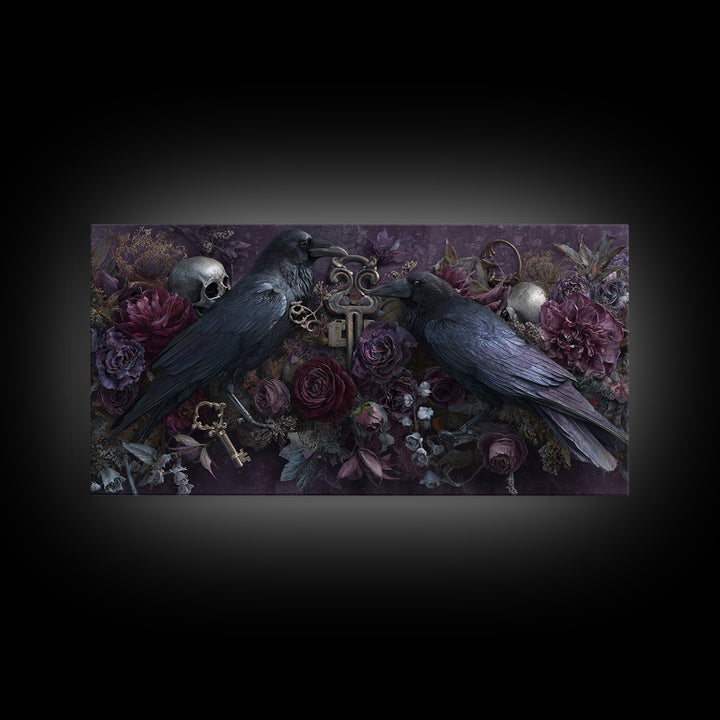 Crow Feathers and Antique Key Still Life Canvas Print, Gothic Art, Contemporary Art, Living Room Decor, Oil Painting, Gothic, GOT-2x1-32