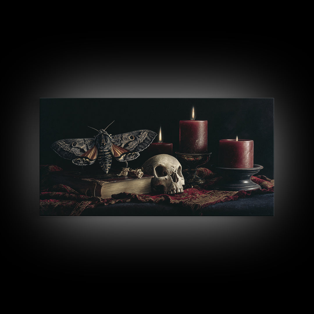 Moth and Skull Composition on Black Velvet Framed Canvas Print, Gothic Art, Halloween Art, Living Room Decor, Watercolor Art, GOT-2x1-59