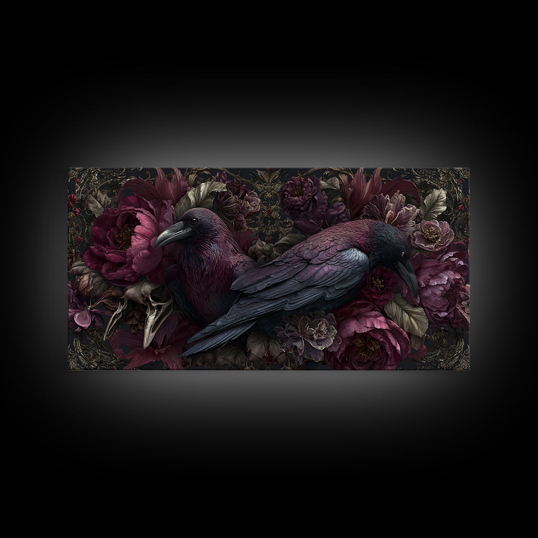 Raven Feathers Arranged Like a Halo Canvas Print, Gothic Art, Textured Painting, Living Room Decor, Watercolor Art, Gothic, GOT-2x1-66