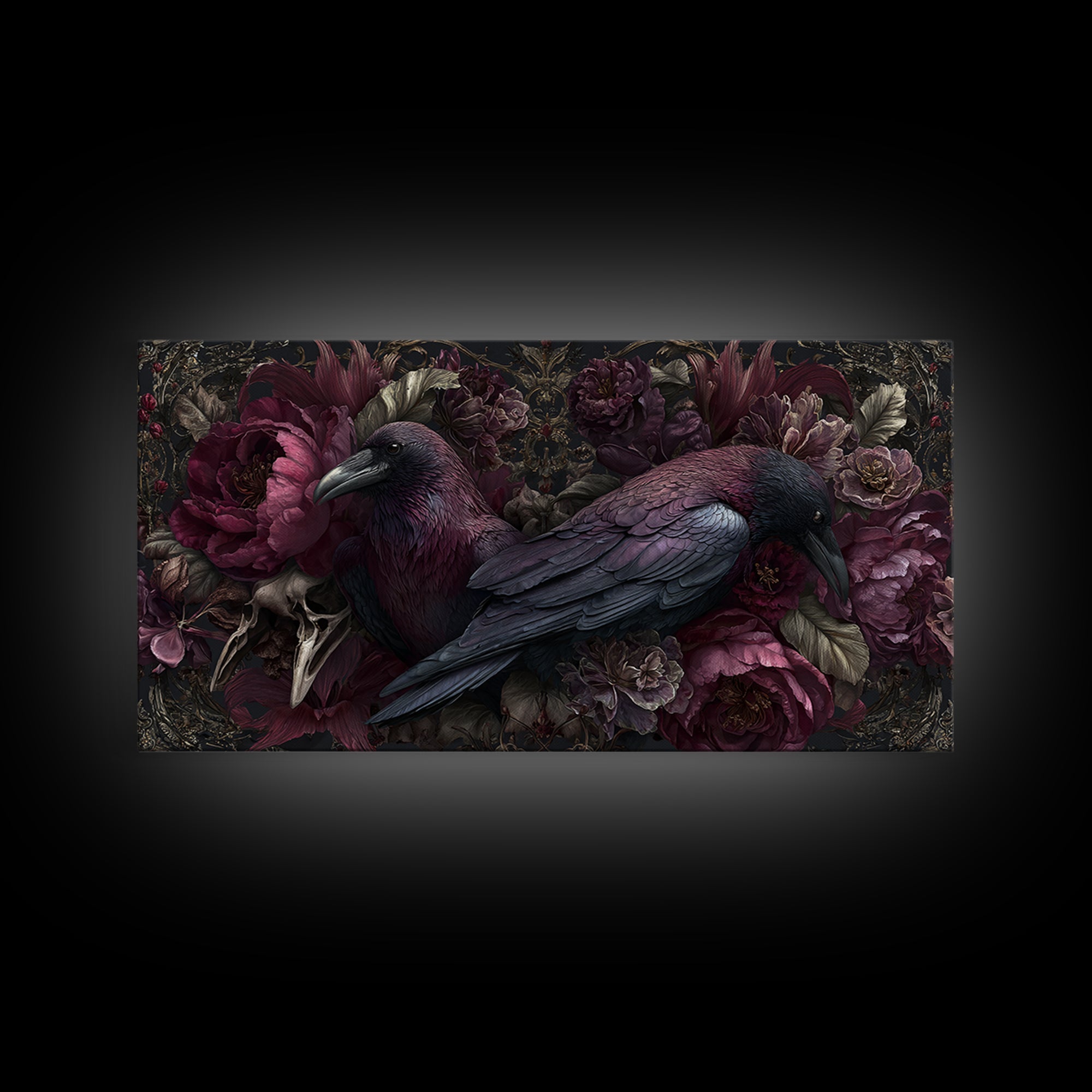 Raven Feathers Arranged Like a Halo Canvas Print, Gothic Art, Textured Painting, Living Room Decor, Watercolor Art, Gothic, GOT-2x1-66