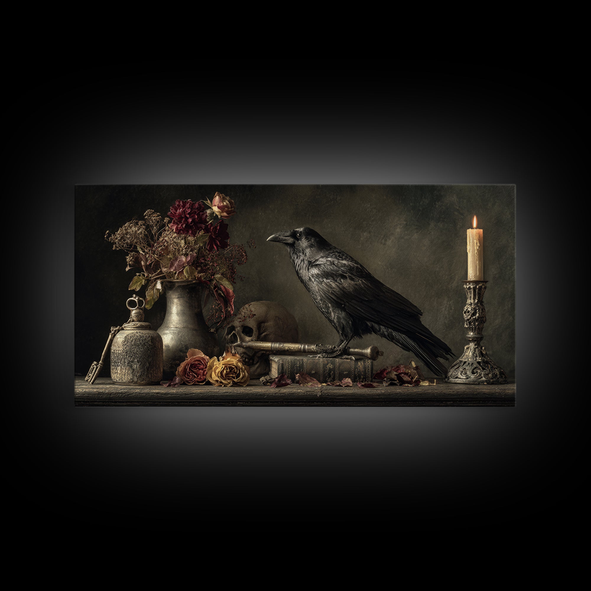 Crow Feathers and Antique Key Still Life Framed Canvas Print, Gothic Art, Dark Academia Decor, Living Room Decor, Gothic, GOT-2x1-80