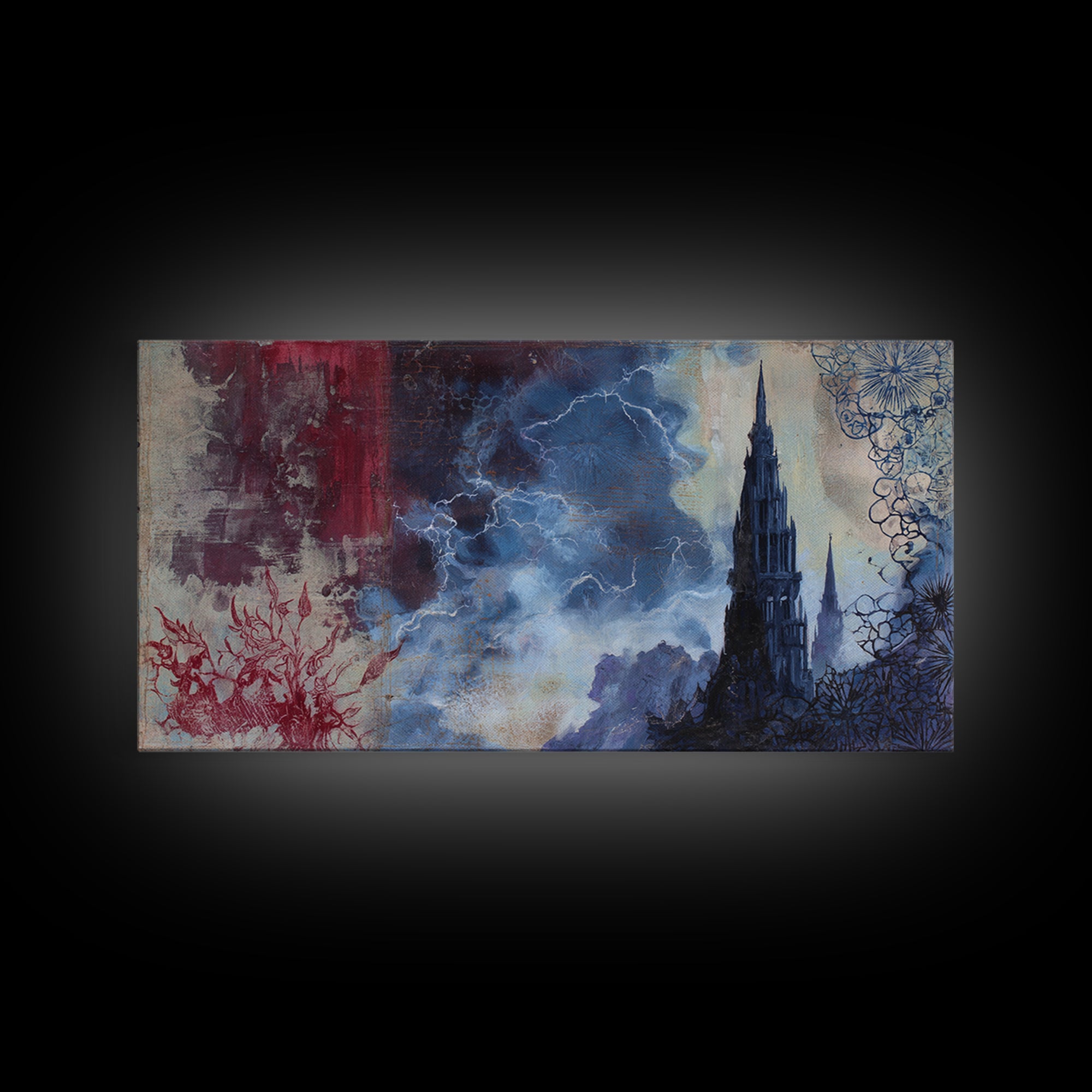 Cathedral Spire Beneath Lightning Clouds Canvas Print, Gothic Art, Wall Art, Living Room Decor, Gothic, Canvas Tote Bag, GOT-2x1-82