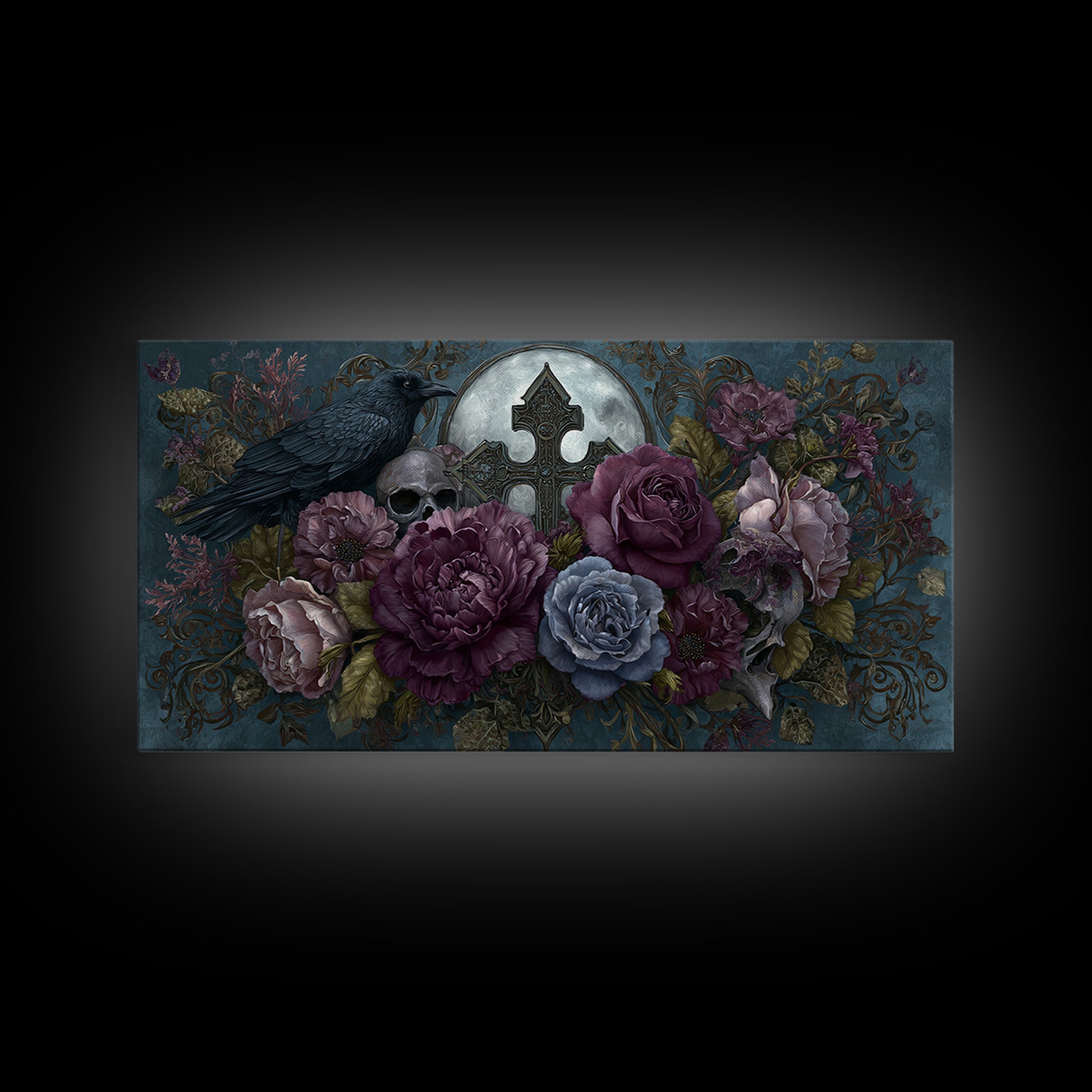 Ornate Cross and Roses Dramatic Still Life Framed Canvas Print, Gothic Art, Canvas Tote Bag, Living Room Decor, Gothic, GOT-2x1-88