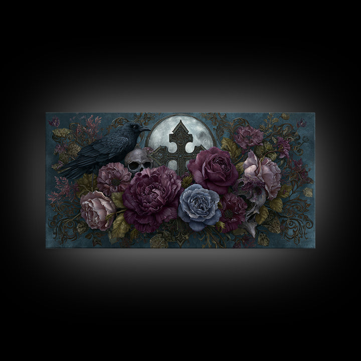 Ornate Cross and Roses Dramatic Still Life Framed Canvas Print, Gothic Art, Canvas Tote Bag, Living Room Decor, Gothic, GOT-2x1-88