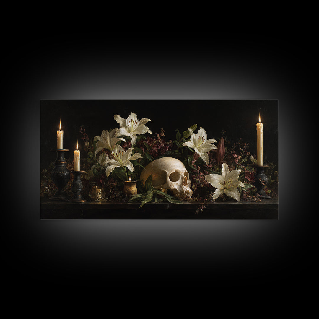 Skull Surrounded by Lilies and Candles Framed Canvas Print, Gothic Art, Canvas Tote Bag, Living Room Decor, Fine Art, Gothic, GOT-2x1-97