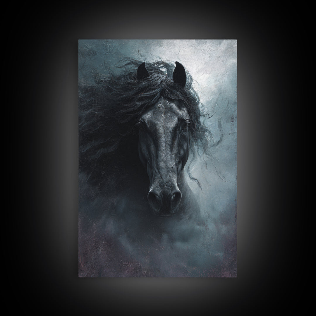Black Horse with Flowing Mane in Fog Framed Canvas Print, Gothic Art, Wall Art, Living Room Decor, Gothic, Canvas Tote Bag, GOT-2x3-1