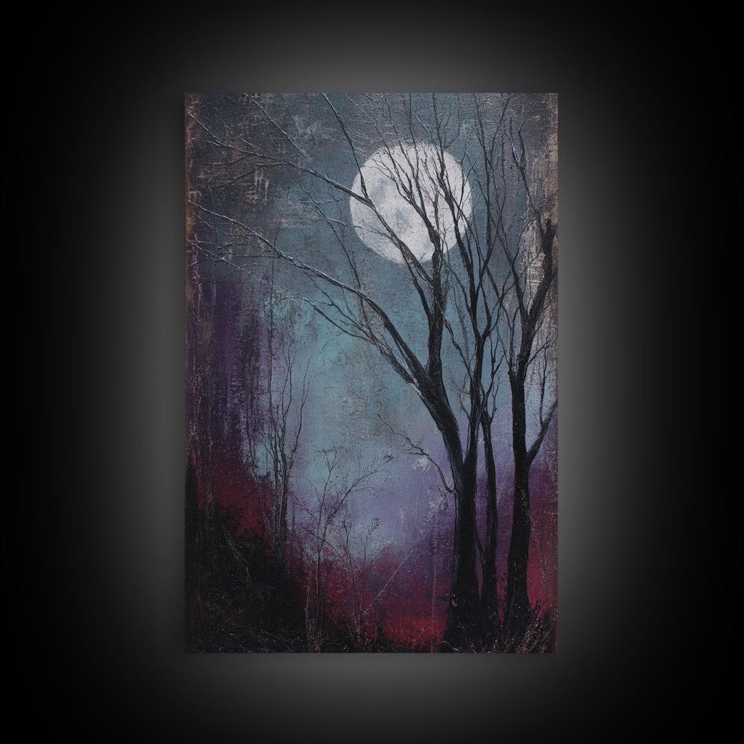 Silver Moon over Twisted Black Trees Framed Canvas Print, Gothic Art, Art Prints, Living Room Decor, Abstract Art, Gothic, GOT-2x3-17