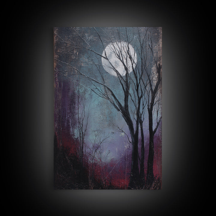 Silver Moon over Twisted Black Trees Framed Canvas Print, Gothic Art, Art Prints, Living Room Decor, Abstract Art, Gothic, GOT-2x3-17