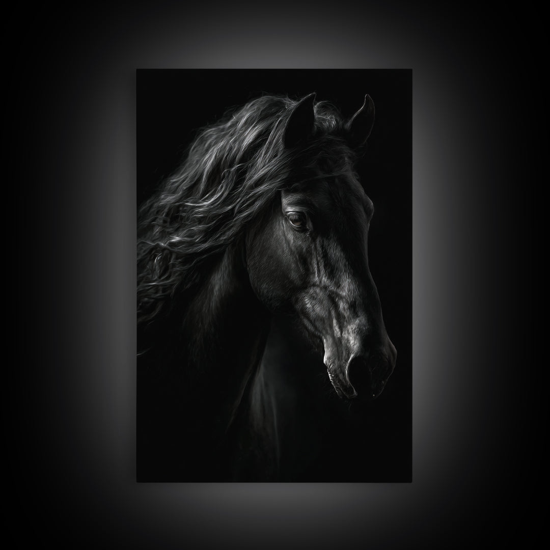 Black Horse with Flowing Mane in Fog Framed Canvas Print, Gothic Art, Wall Art, Living Room Decor, Gothic, Canvas Tote Bag, GOT-2x3-25