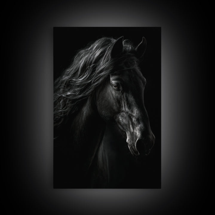 Black Horse with Flowing Mane in Fog Framed Canvas Print, Gothic Art, Wall Art, Living Room Decor, Gothic, Canvas Tote Bag, GOT-2x3-25