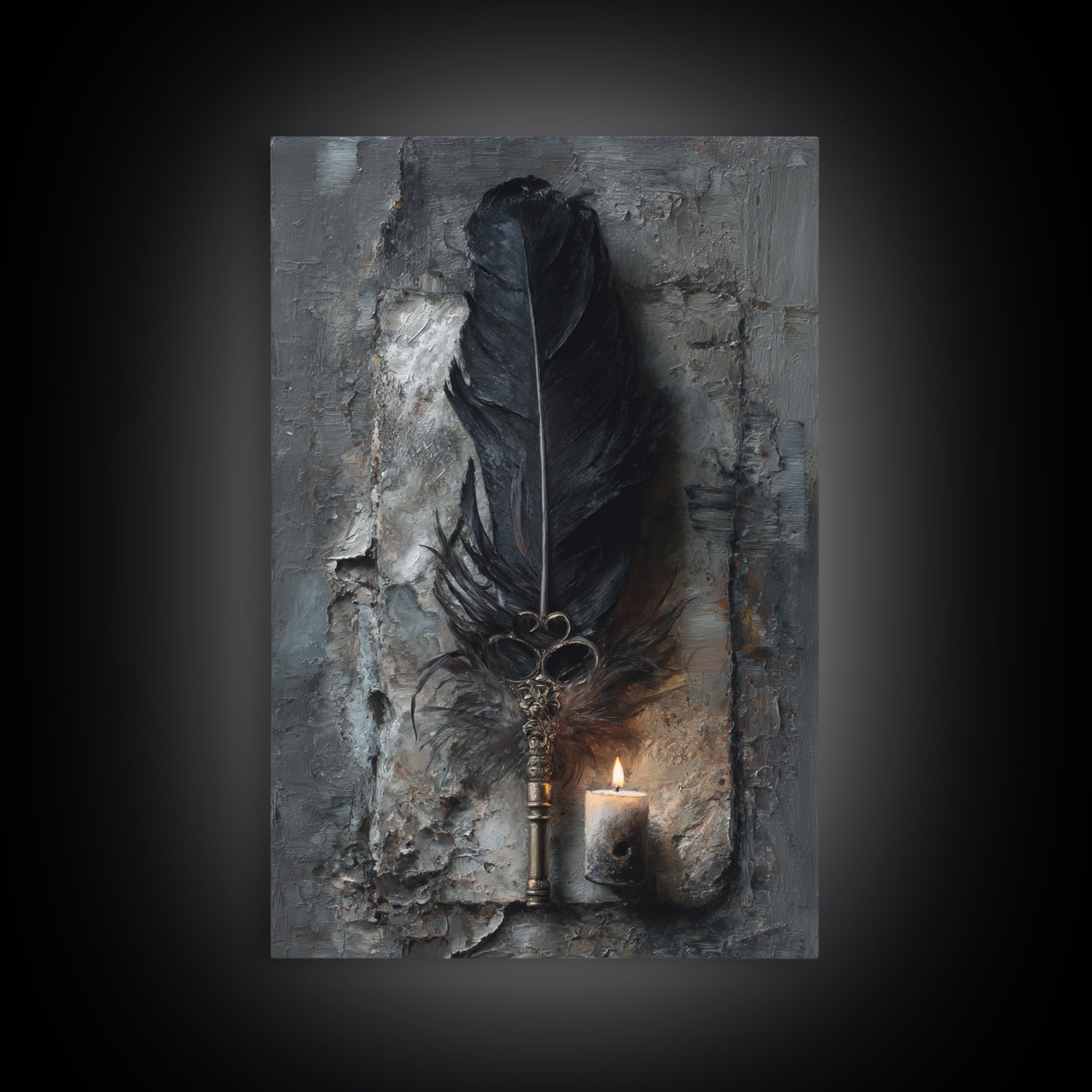 Crow Feathers and Antique Key Still Life Framed Canvas Print, Gothic Art, Black and White Art, Living Room Decor, GOT-2x3-44