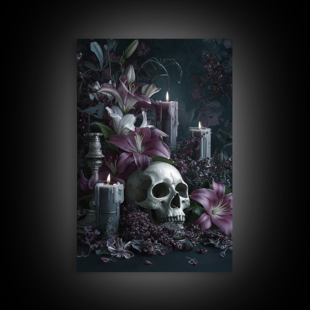 Skull Surrounded by Lilies and Candles Canvas Print, Gothic Art, Original Painting, Living Room Decor, Fine Art, Gothic, GOT-2x3-61