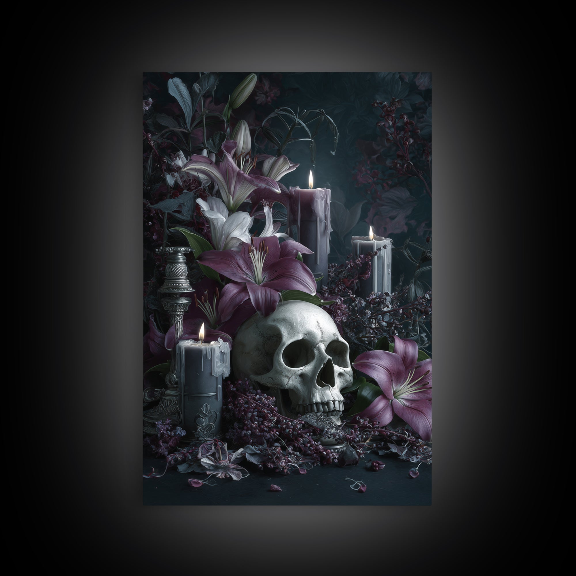 Skull Surrounded by Lilies and Candles Canvas Print, Gothic Art, Original Painting, Living Room Decor, Fine Art, Gothic, GOT-2x3-61