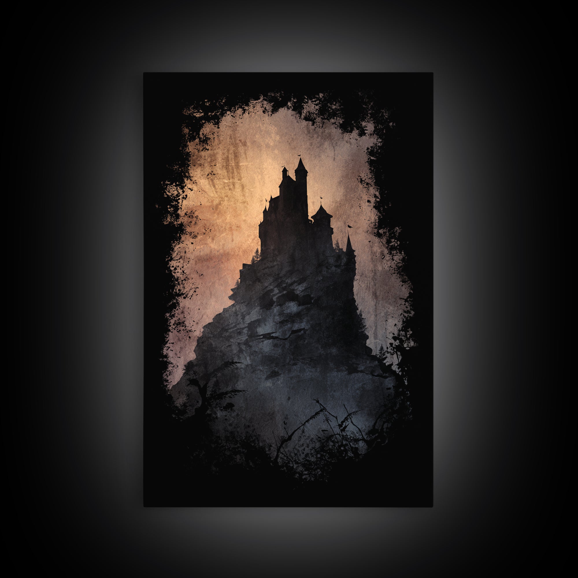 Stormy Castle Silhouette on Jagged Cliffs Canvas Print, Gothic Art, Digital Art, Living Room Decor, Abstract Art, Gothic, GOT-2x3-62