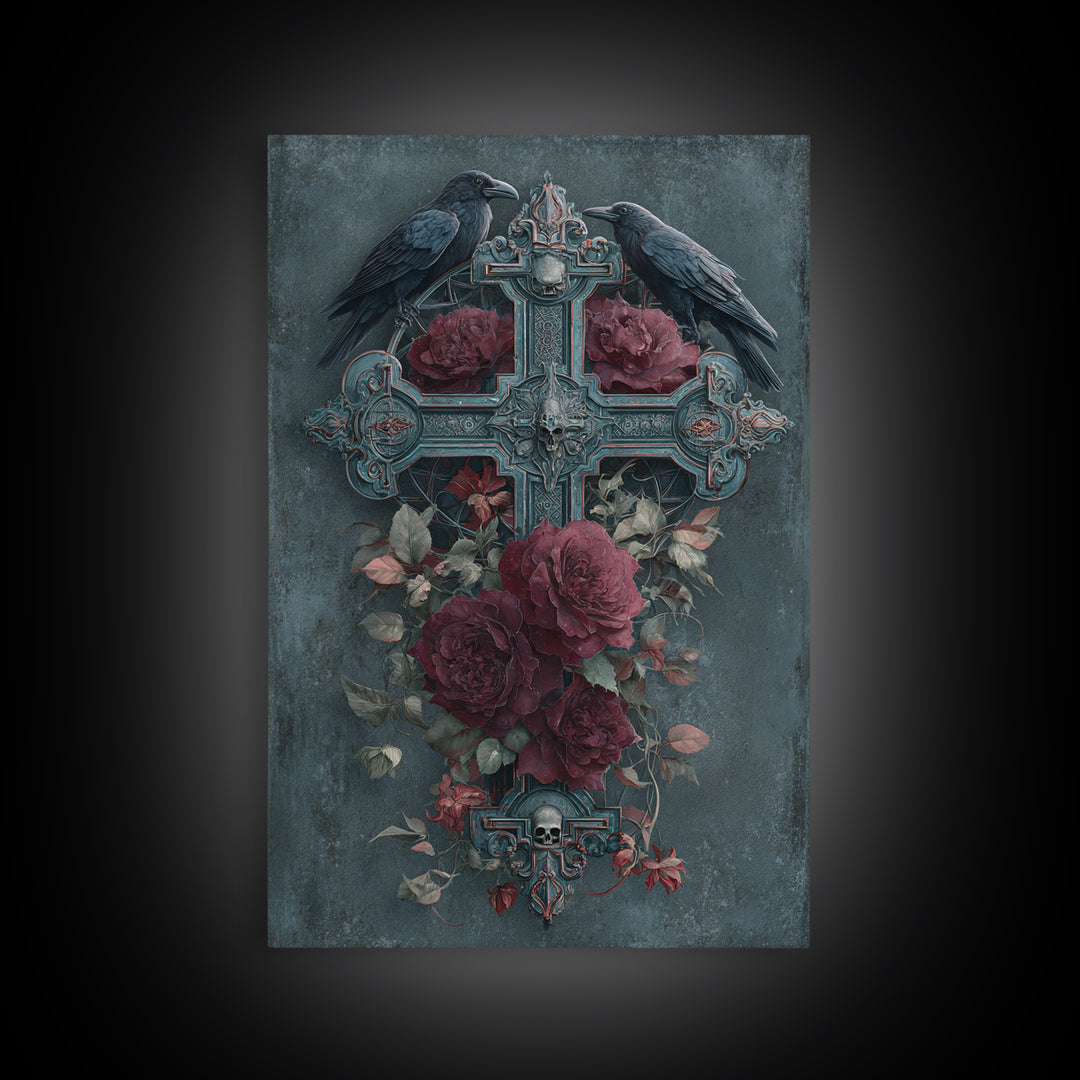 Ornate Cross and Roses Dramatic Still Life Framed Canvas Print, Gothic Art, Printable Art, Living Room Decor, Fine Art, Gothic, GOT-2x3-76