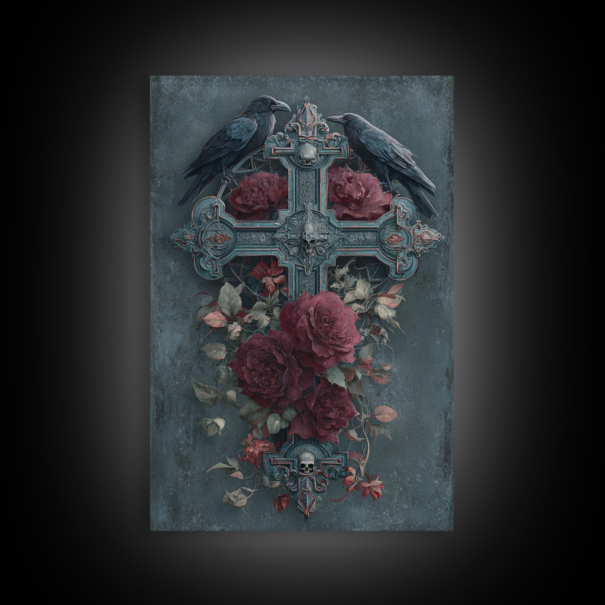 Ornate Cross and Roses Dramatic Still Life Framed Canvas Print, Gothic Art, Printable Art, Living Room Decor, Fine Art, Gothic, GOT-2x3-76