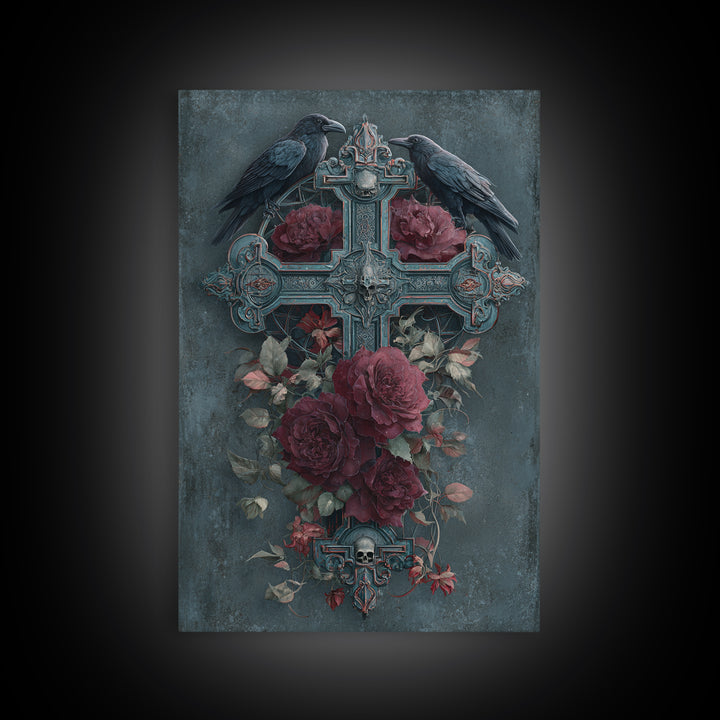 Ornate Cross and Roses Dramatic Still Life Framed Canvas Print, Gothic Art, Printable Art, Living Room Decor, Fine Art, Gothic, GOT-2x3-76