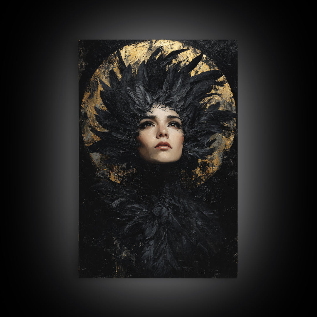 Raven Feathers Arranged Like a Halo Framed Canvas Print, Gothic Art, Art Prints, Living Room Decor, Fine Art, Gothic, GOT-2x3-78