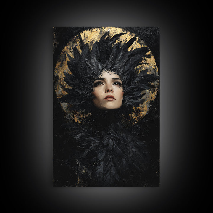 Raven Feathers Arranged Like a Halo Framed Canvas Print, Gothic Art, Art Prints, Living Room Decor, Fine Art, Gothic, GOT-2x3-78