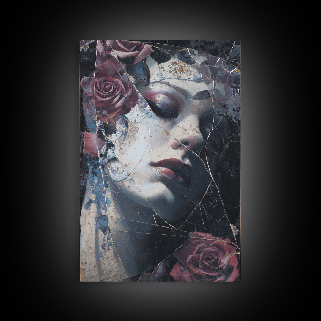 Cracked Mirror Reflecting Moon and Roses Canvas Print, Gothic Art, Poster, Living Room Decor, Fine Art, Gothic, Witchy Decor, GOT-2x3-79
