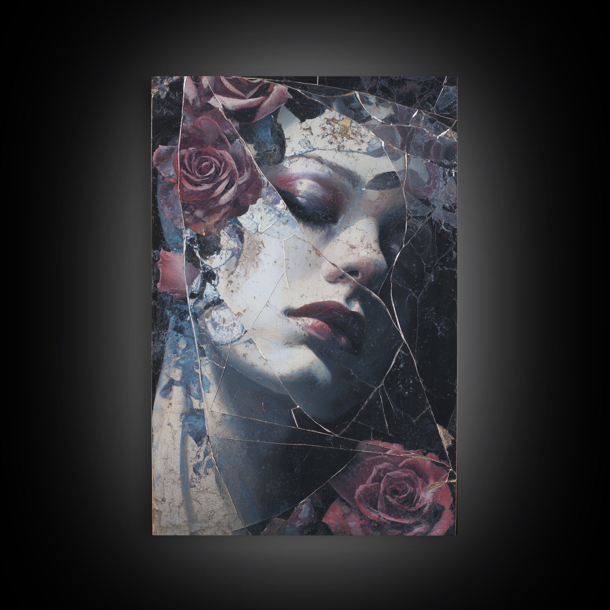 Cracked Mirror Reflecting Moon and Roses Canvas Print, Gothic Art, Poster, Living Room Decor, Fine Art, Gothic, Witchy Decor, GOT-2x3-79