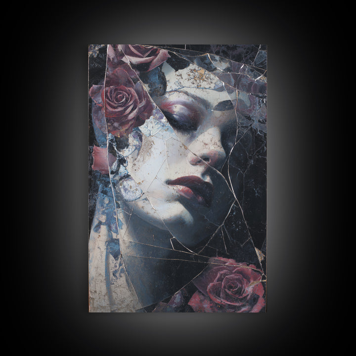 Cracked Mirror Reflecting Moon and Roses Canvas Print, Gothic Art, Poster, Living Room Decor, Fine Art, Gothic, Witchy Decor, GOT-2x3-79