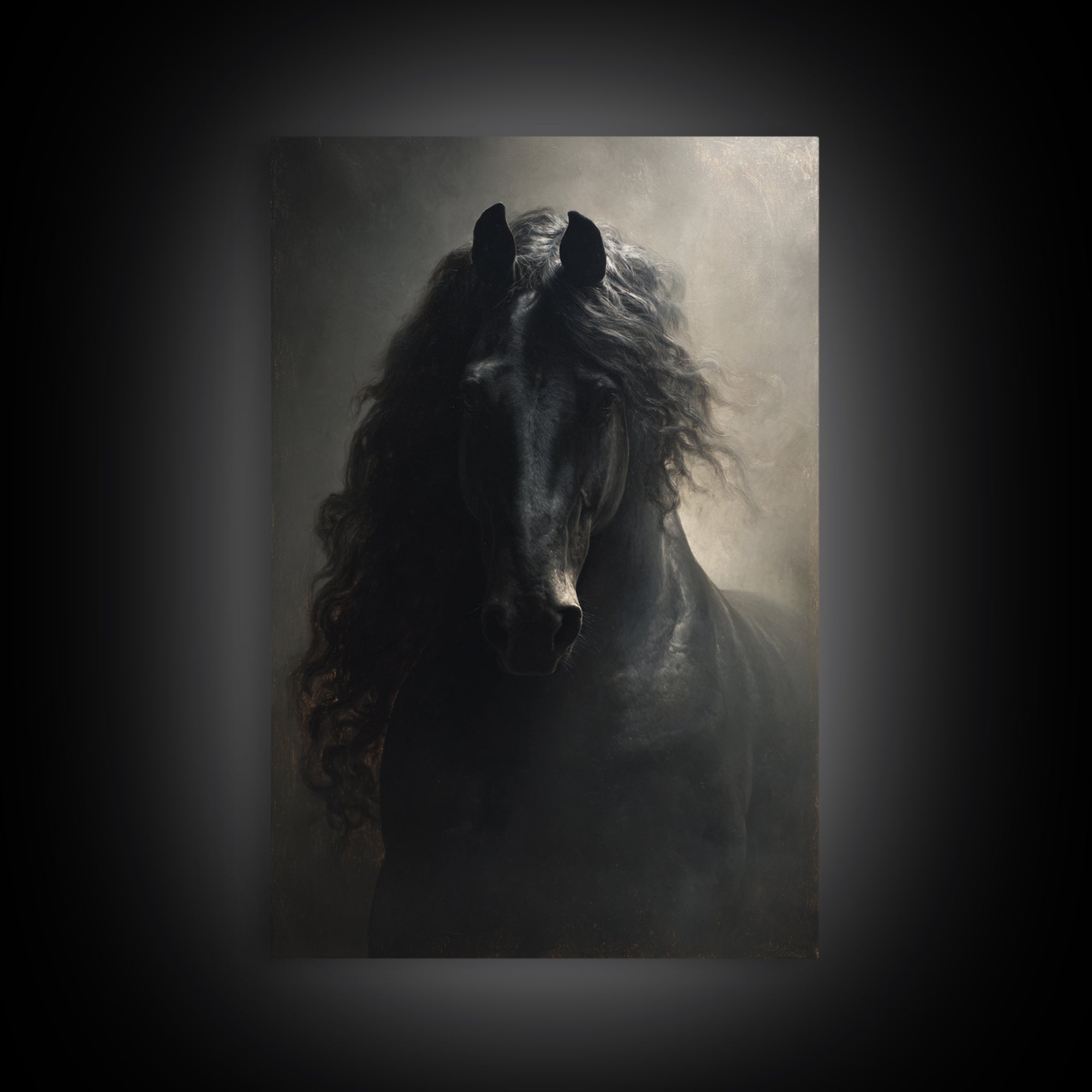 Black Horse with Flowing Mane in Fog Framed Canvas Print, Gothic Art, Art Nouveau, Living Room Decor, Fine Art, Gothic, GOT-2x3-97