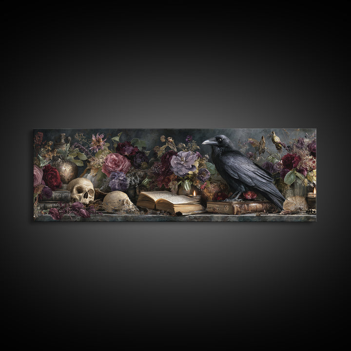 Candlelit Book and Dried Flowers Still Life Framed Canvas Print, Gothic Art, Home Decor, Living Room Decor, Fine Art, Gothic, GOT-3x1-10