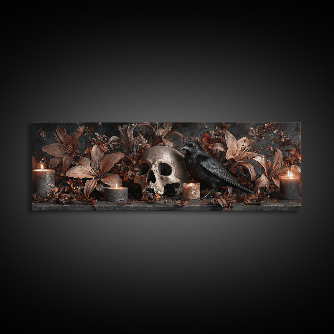 Skull Surrounded by Lilies and Candles Canvas Print, Gothic Art, Gothic Wall Art, Living Room Decor, Fine Art, Gothic, GOT-3x1-21