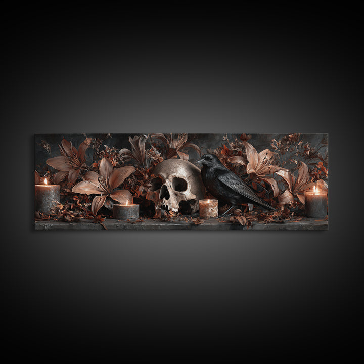 Skull Surrounded by Lilies and Candles Canvas Print, Gothic Art, Gothic Wall Art, Living Room Decor, Fine Art, Gothic, GOT-3x1-21