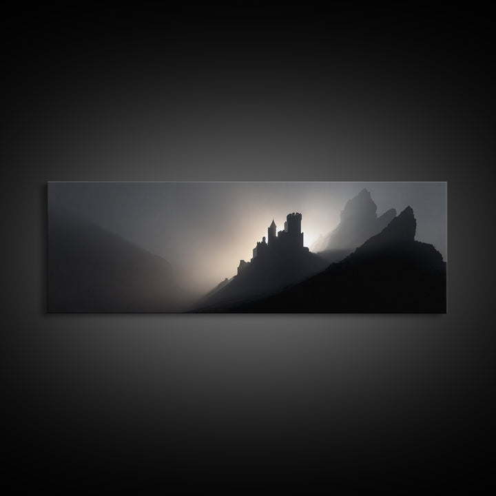 Stormy Castle Silhouette on Jagged Cliffs Canvas Print, Gothic Art, Boho Decor, Living Room Decor, Abstract Art, Gothic, GOT-3x1-22